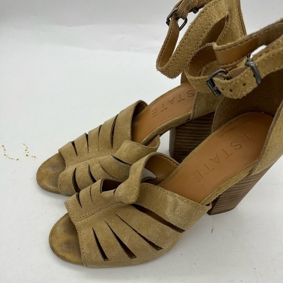 1. State Women’s Nallay Tan Genuine Suede Block Heel Ankle Strap Sandal Heels - Picture 4 of 14
